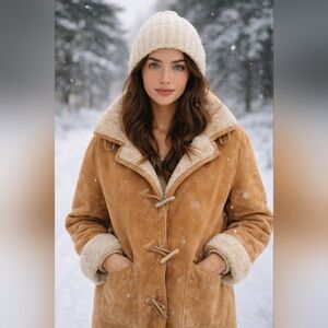 1980s Town & Country Suede Leather Coat with Plush Faux Fur Lining – Size Large